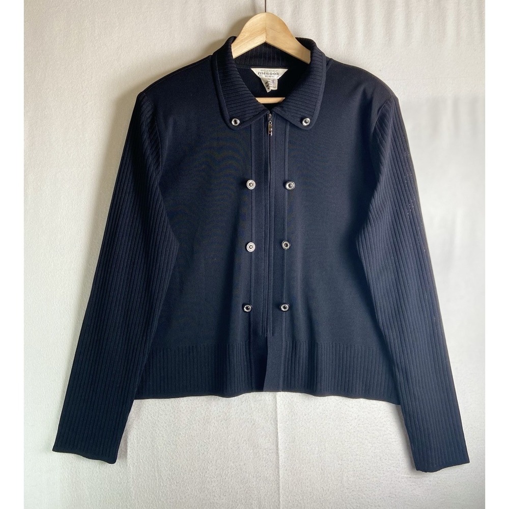 Misook Knit Jacket Cardigan 1X Black Zip Stretch Button Career Travel Minimalist